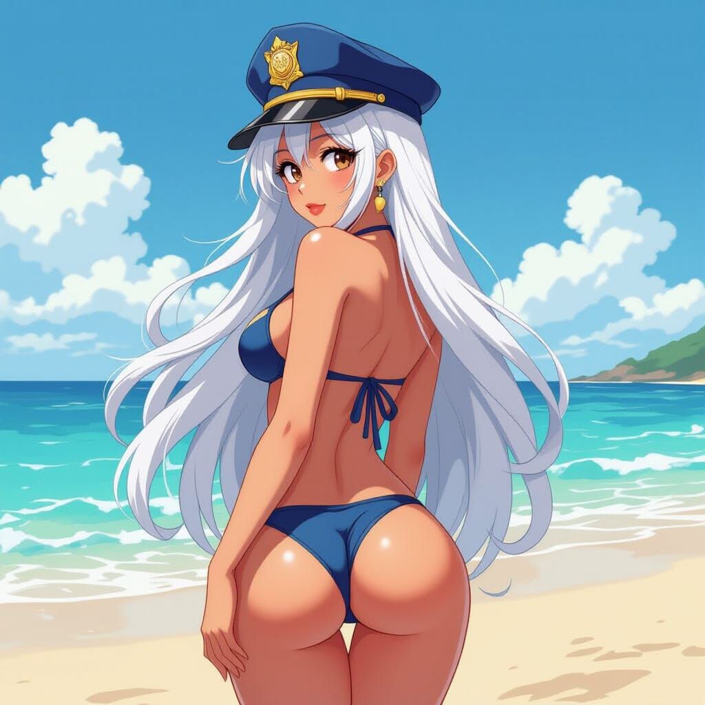 Anime Woman on Beach with Blue Bikini