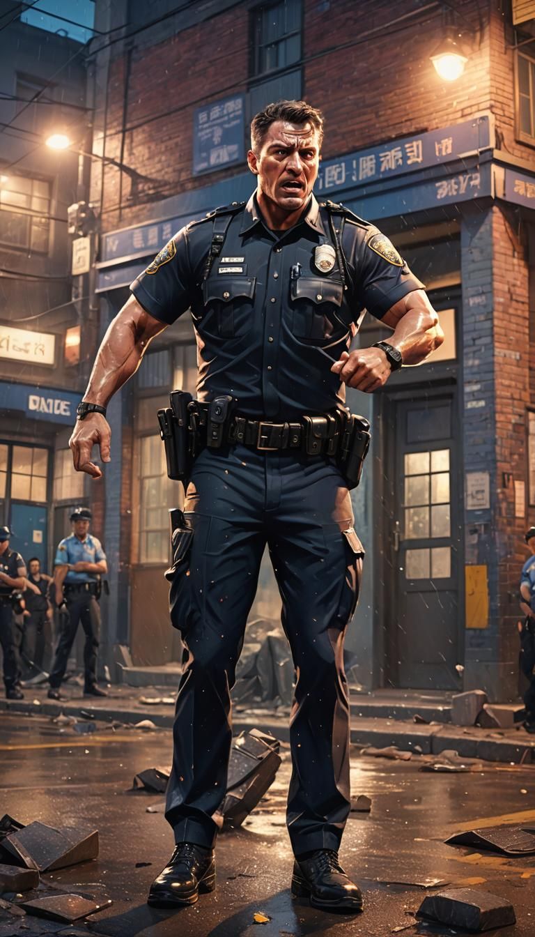 Shocked Policeman Outside Police Station at Night