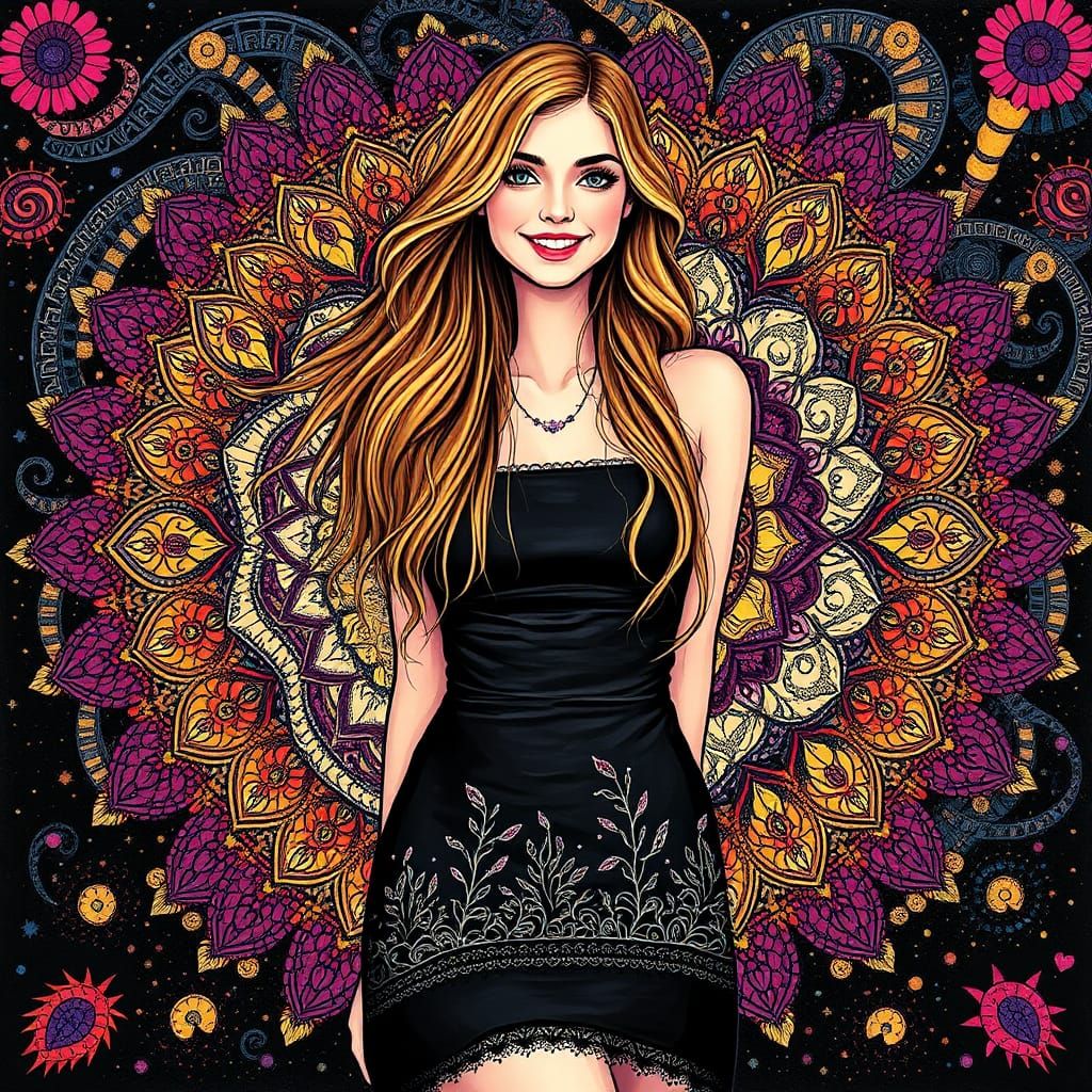 Bohemian Woman in Psychedelic Mandala, Digital Art