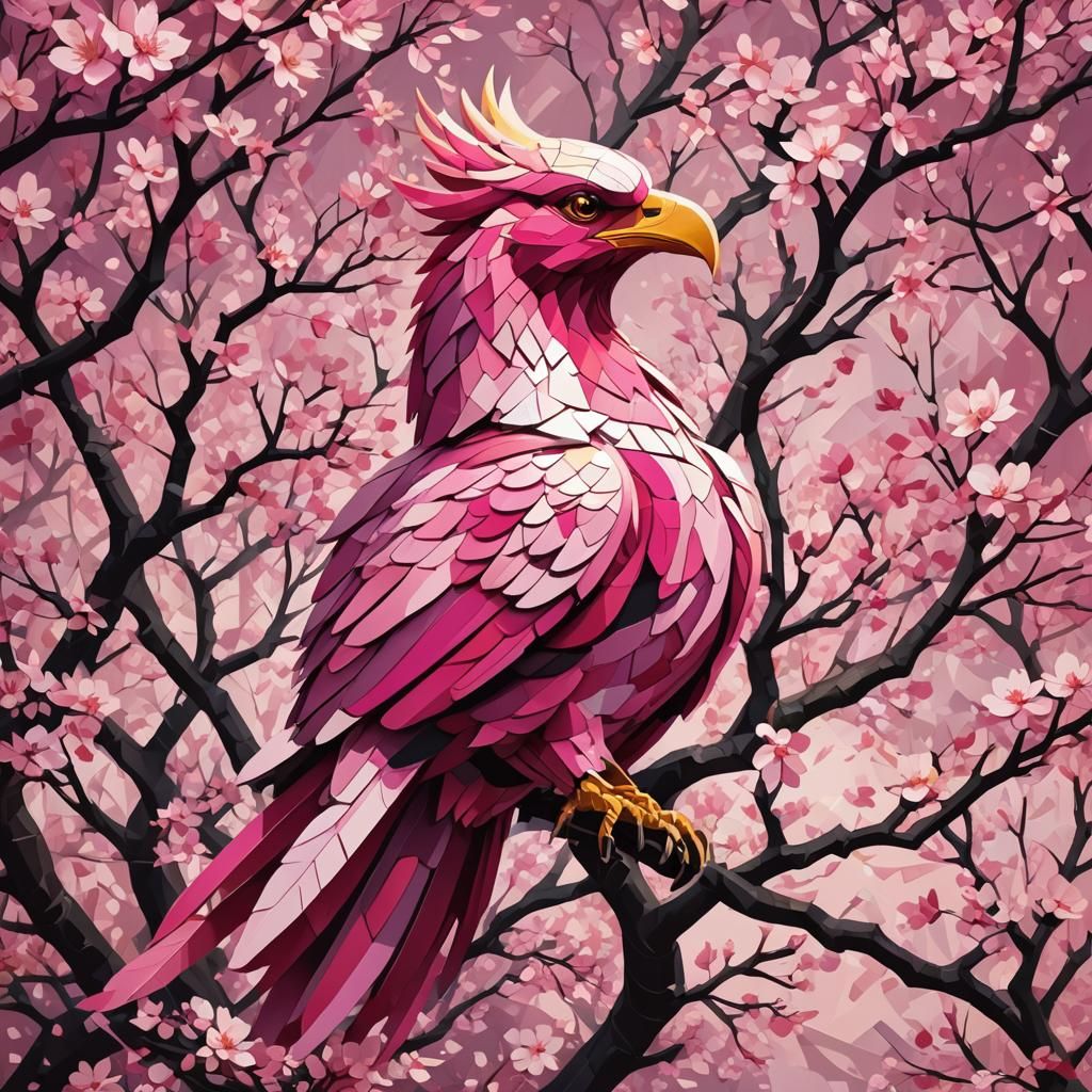 Phoenix in Cherry Blossoms: Cubist Geometric Painting
