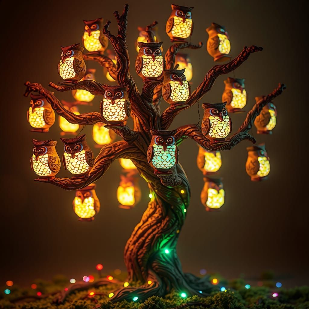Surreal Owl Lamps Tree with Magical Glow