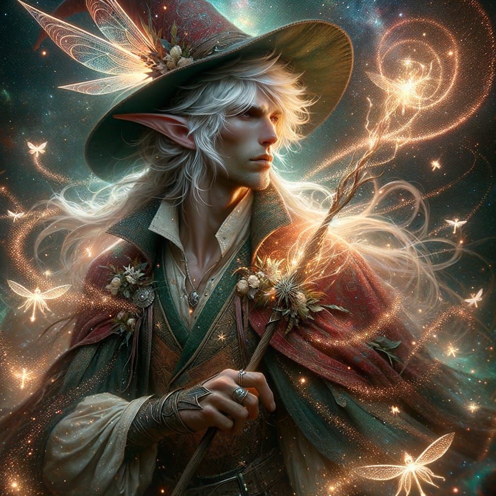 Albino Elf Wizard Soaring Through Galaxy in CGI VFX Style