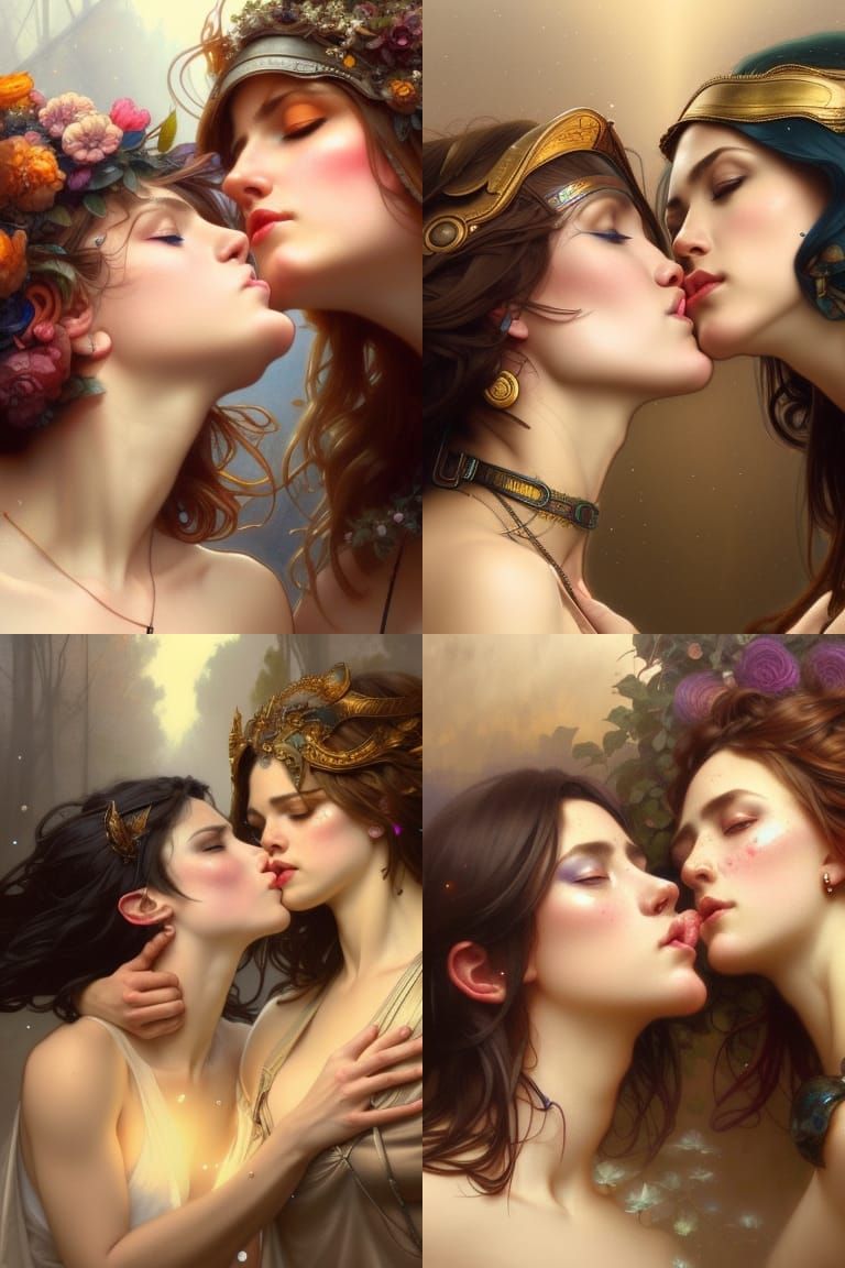 Lesbian Goddesses Kissing: Hyperdetailed Concept Art
