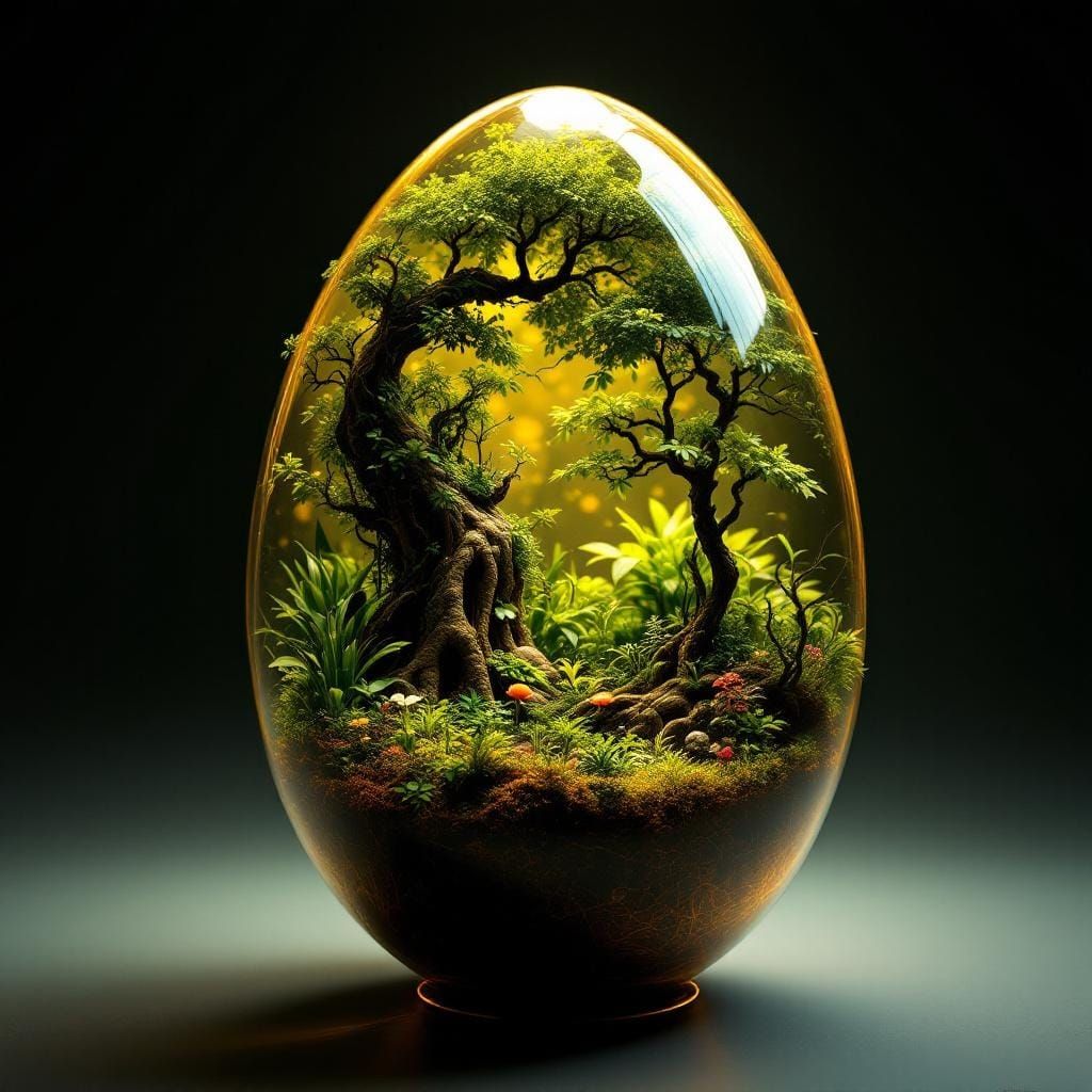 Wild jungle vegetation and miniature trees growing inside a golden glass egg.