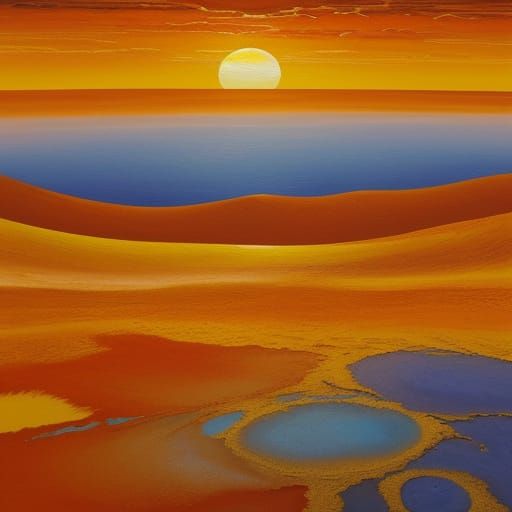Golden Desert Under Orange Sky Impressionistic Oil Painting