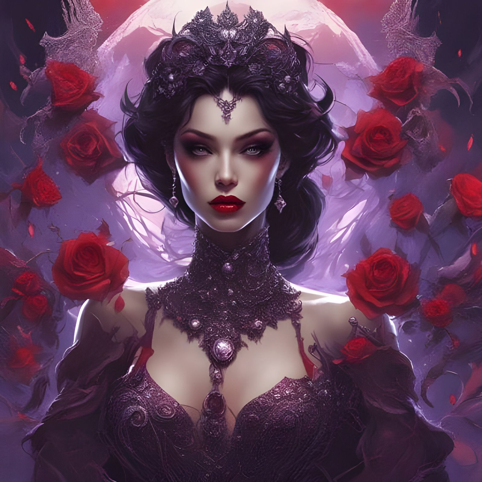 Gothic Lilith Portrait with Pearls and Rose Petals
