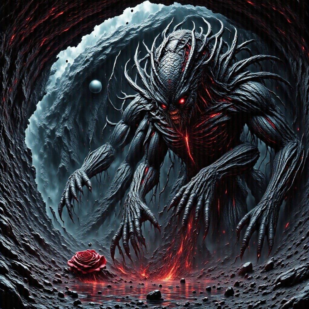 Xenomorph Holds Bloody Rose in Neon Liminal Space