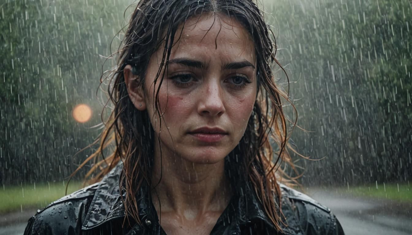 Rain-Soaked Figure in Moody, Cinematic Style