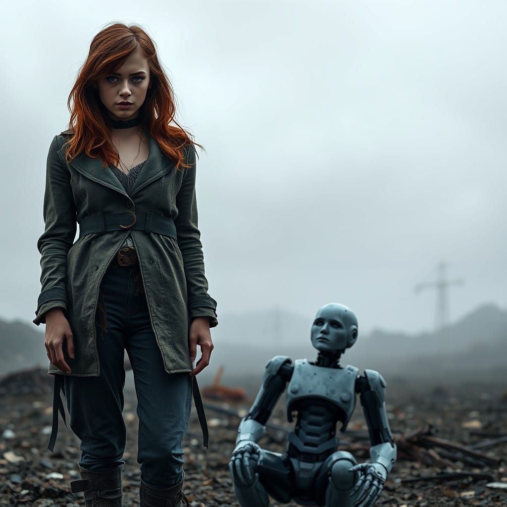 Desolate Landscape with a Haunting Human-Android Encounter i...