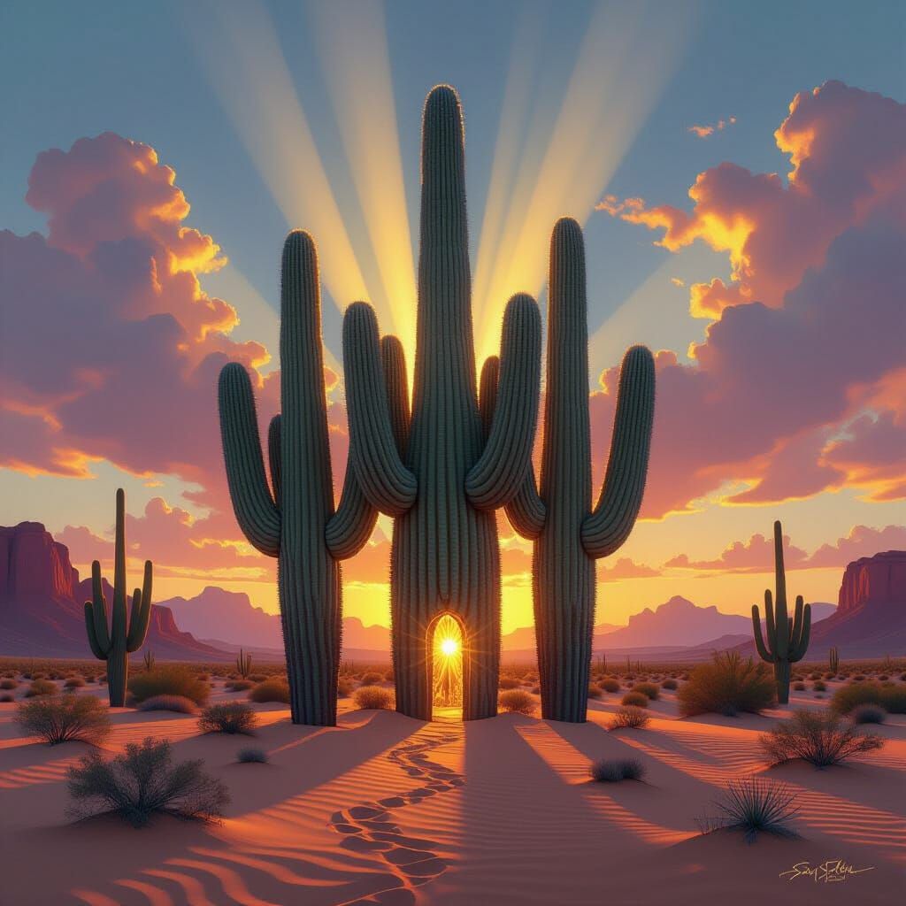Sacred Cactus Temple in Golden Desert Radiance
