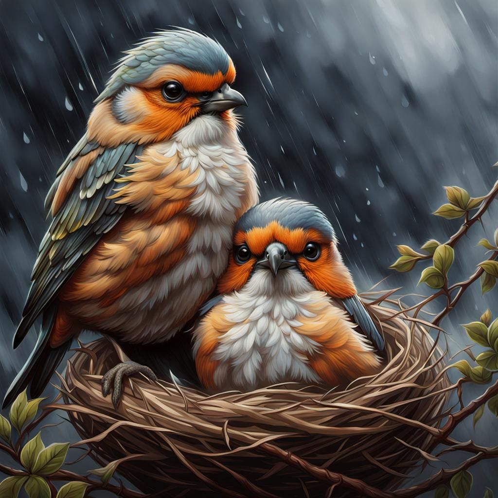 Cute Birds in Nest on Rainy Day
