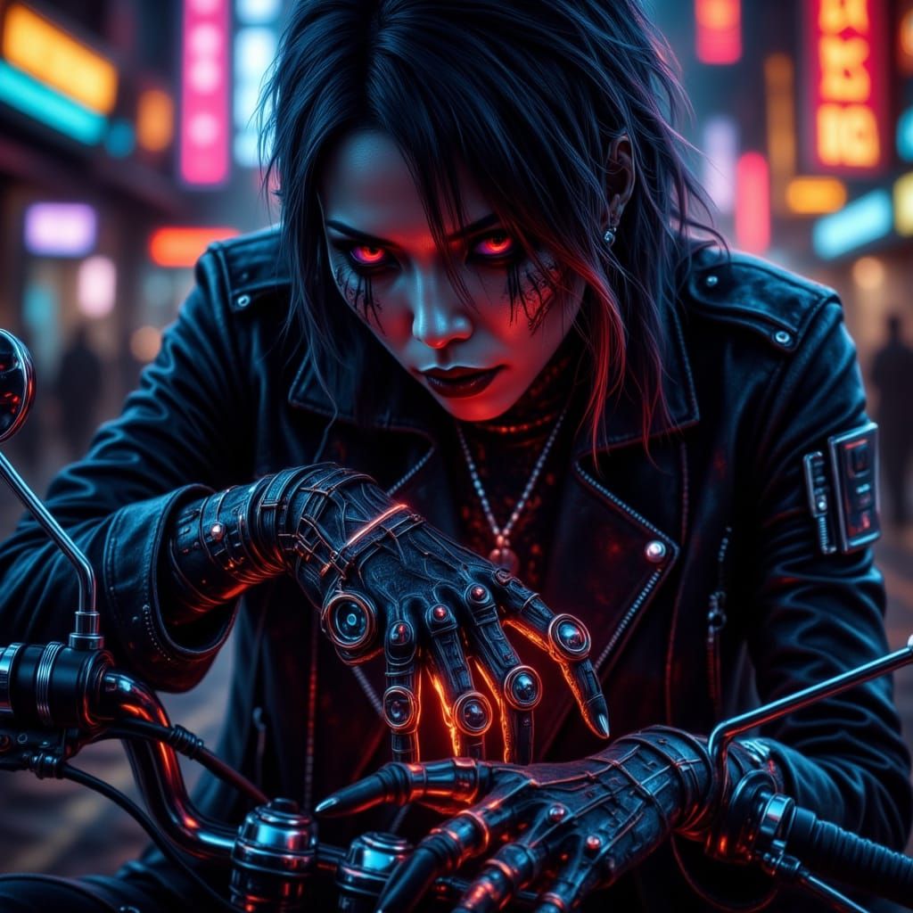 Cybernetic Biker Woman's Hands with Tribal Tattoos