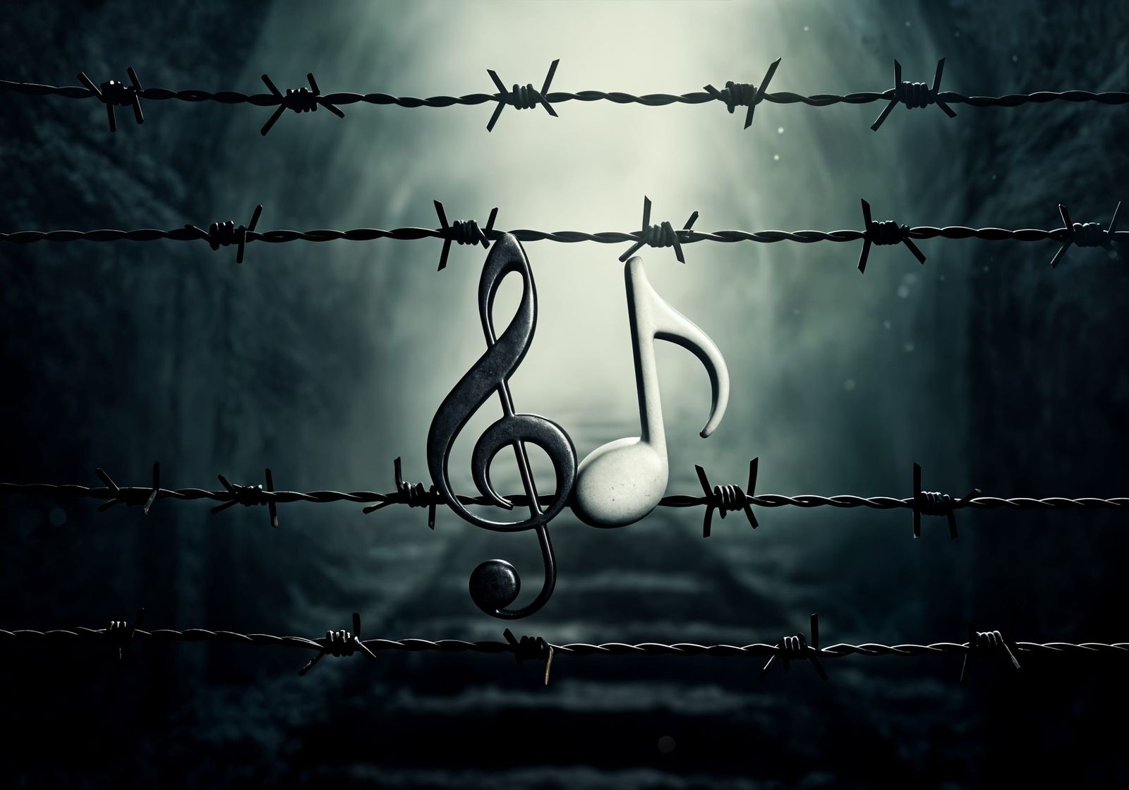 Musical Notes Cuddle in Dramatic Landscape