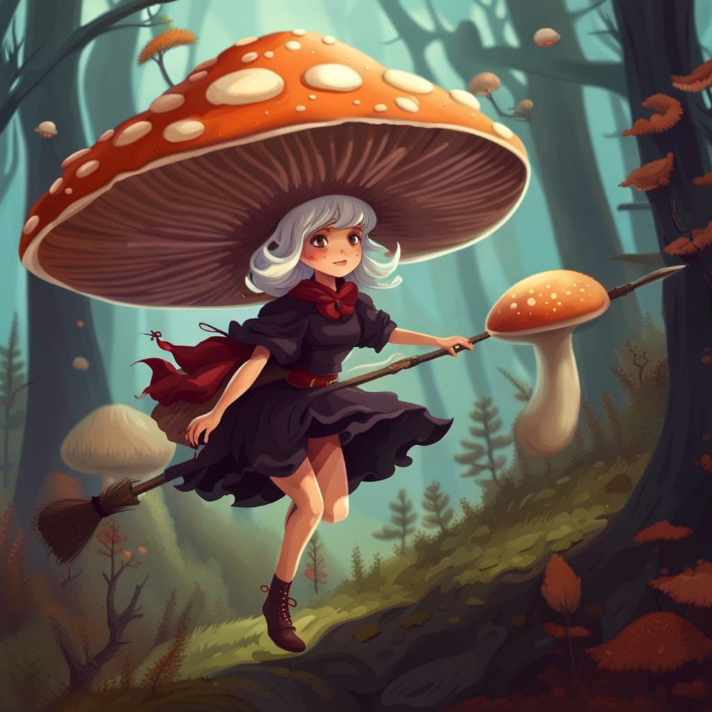 Mushroom Witch Soaring Through Forest