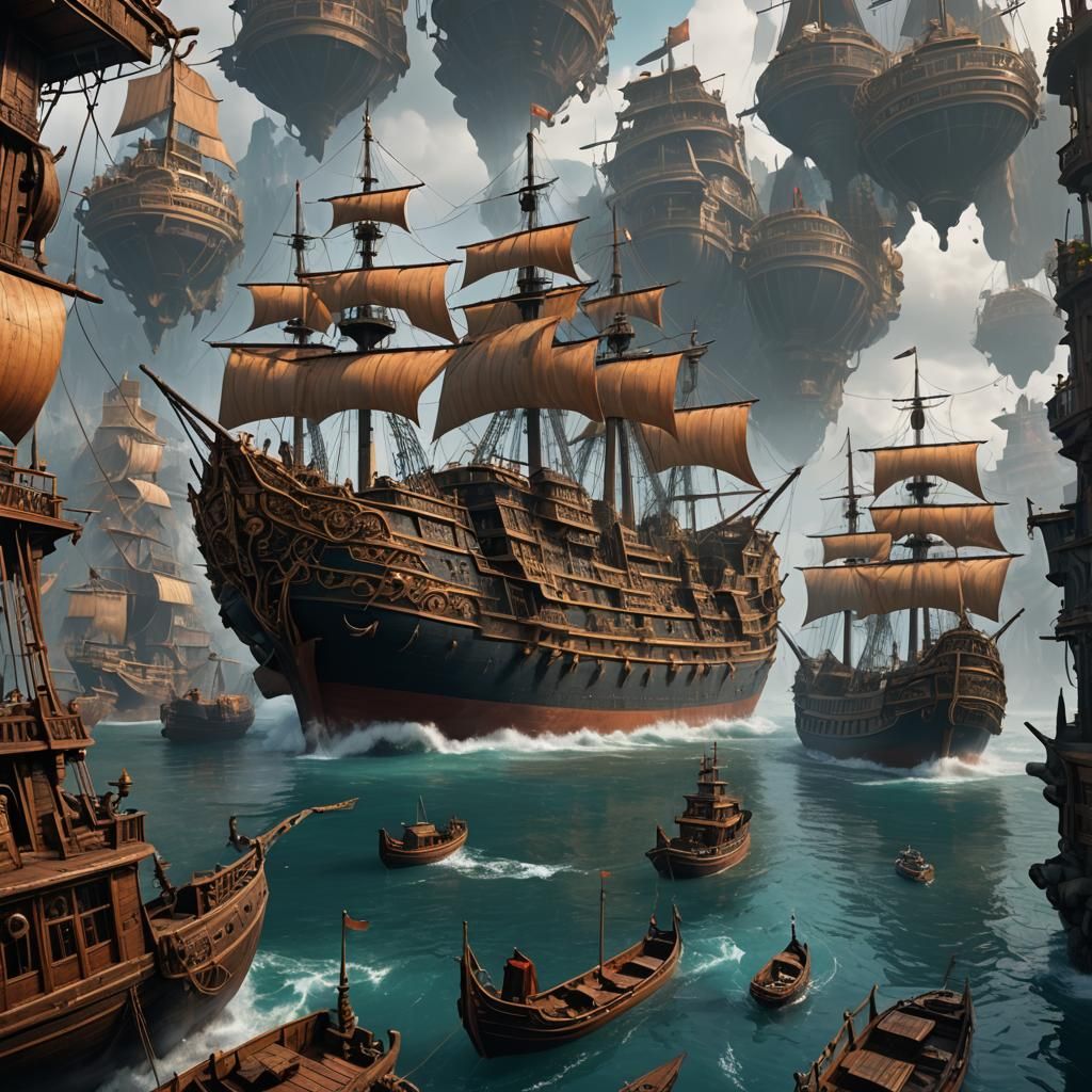 Fantastical Ships in Detailed Matte Painting Style