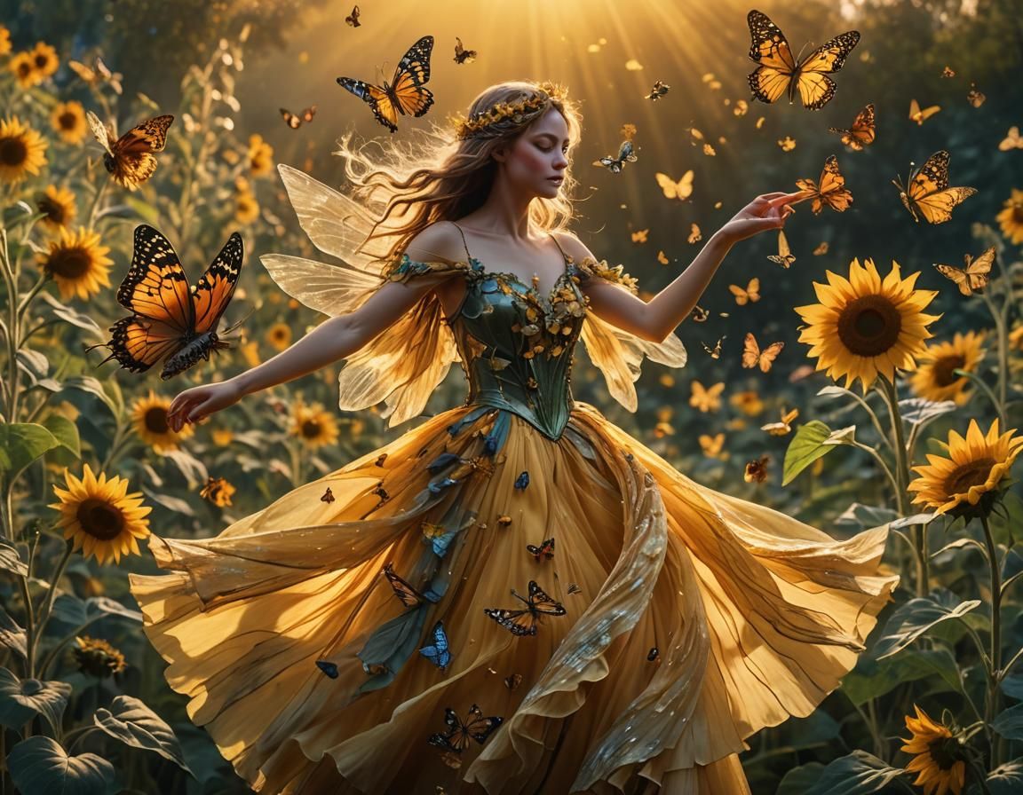 Fairy Dances on Sunflower in Impressionist Style