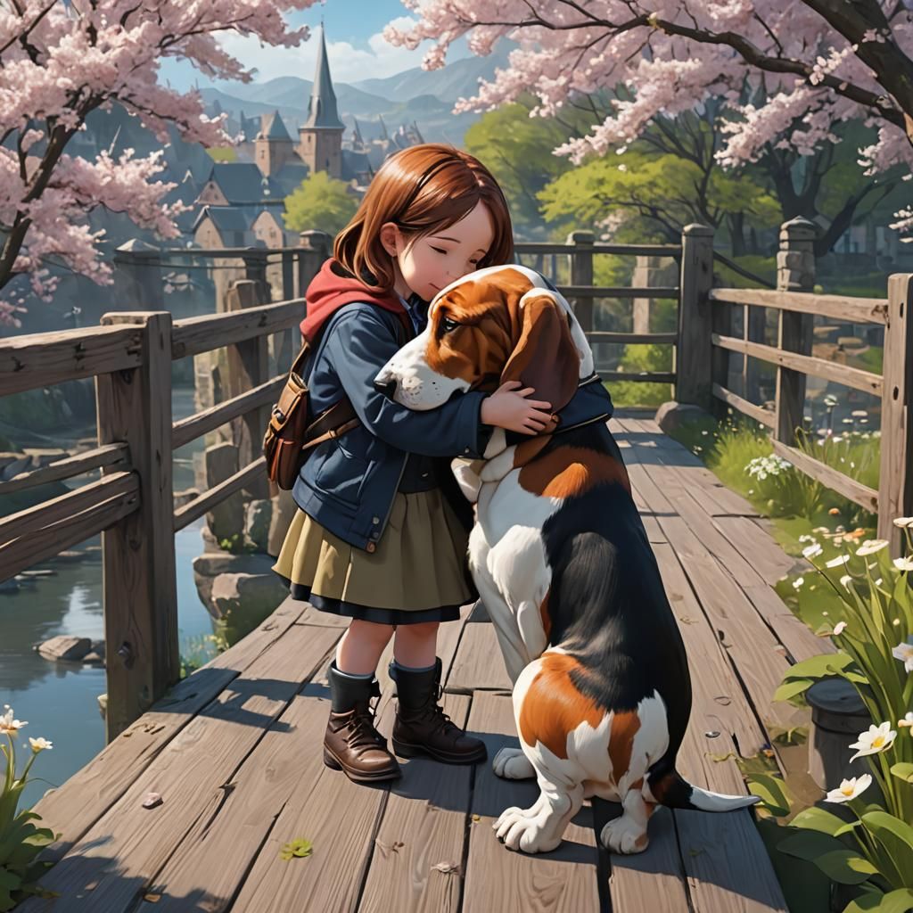 Child and Basset Hound in Anime Art