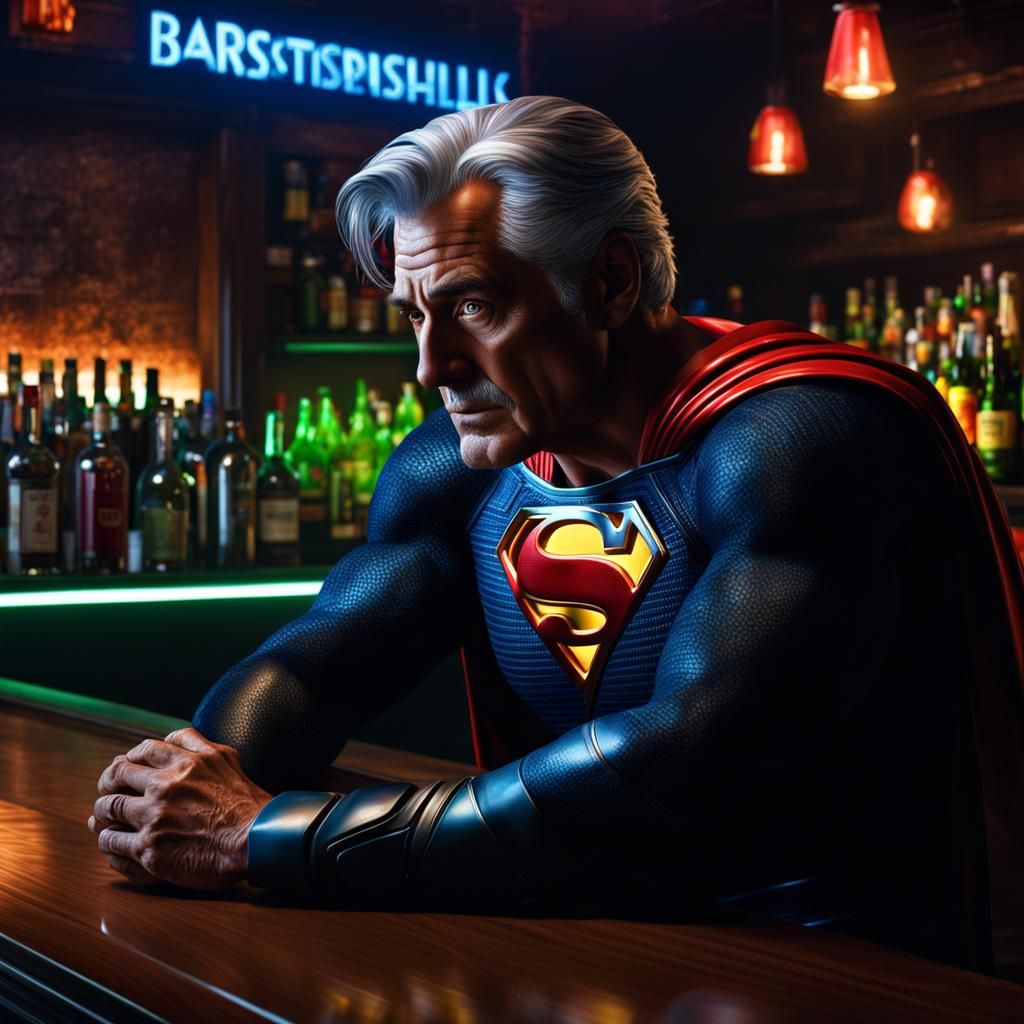 Older Superman Bartending in Smallville: Realistic Portrait