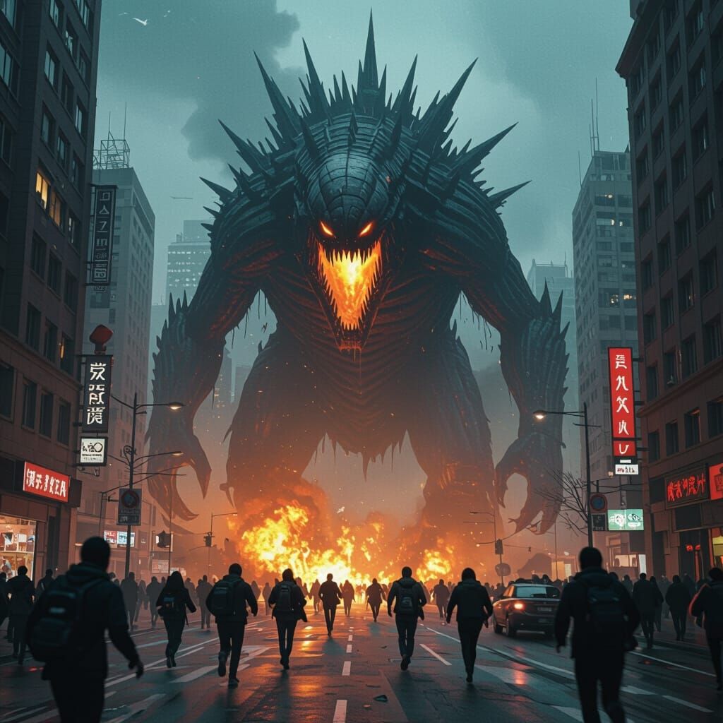 Dystopian City Under Threat by Fire-Breathing Monster