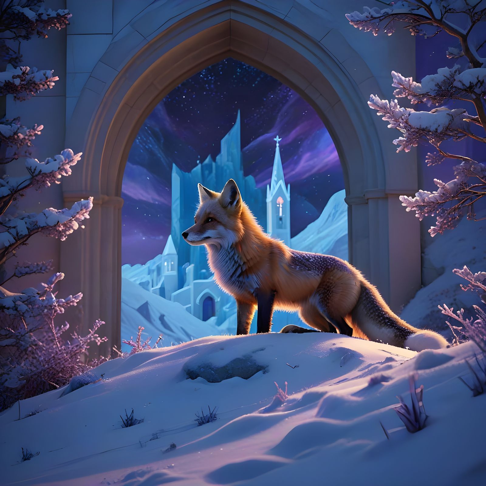 Geometric art style. A solitary fox sits on a snow-covered h...