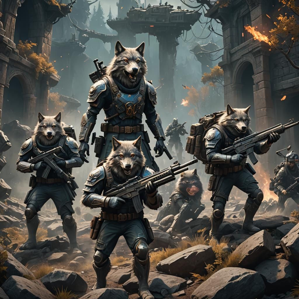 Wolf Soldiers with Guns in Detailed Matte Painting