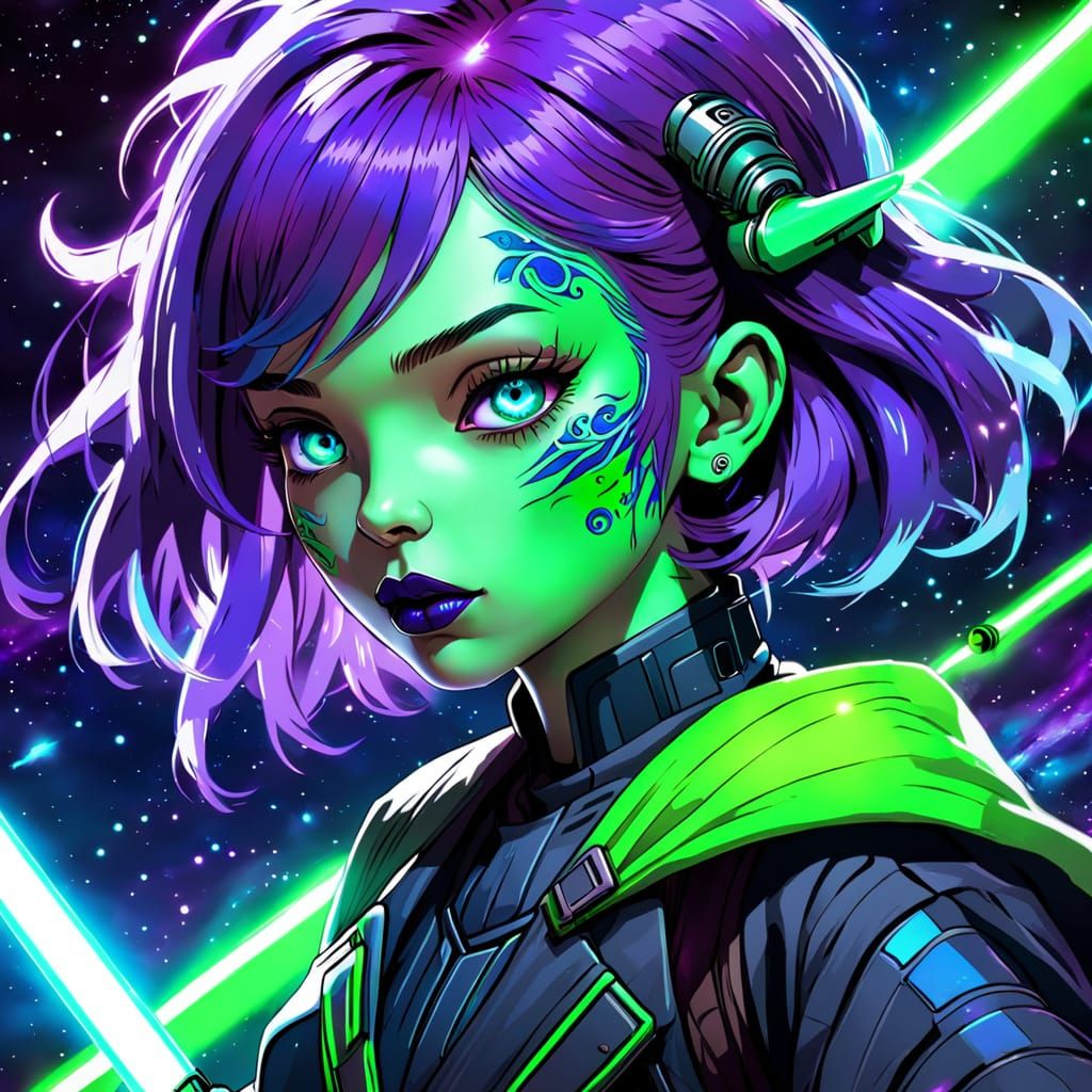 Anime Style Jedi with Glowing Neon Lightsaber in Space