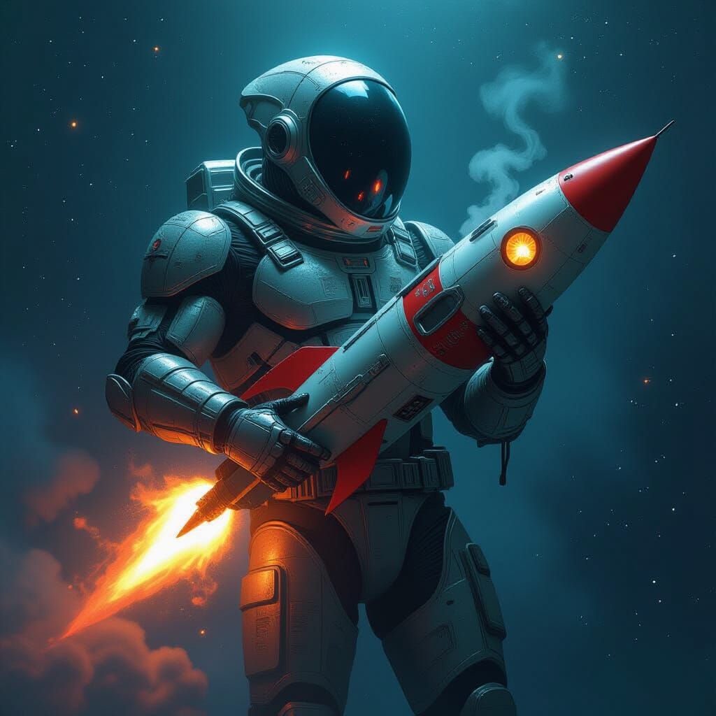 Alien Astronaut in Space with Rocket, Sci-Fi Art