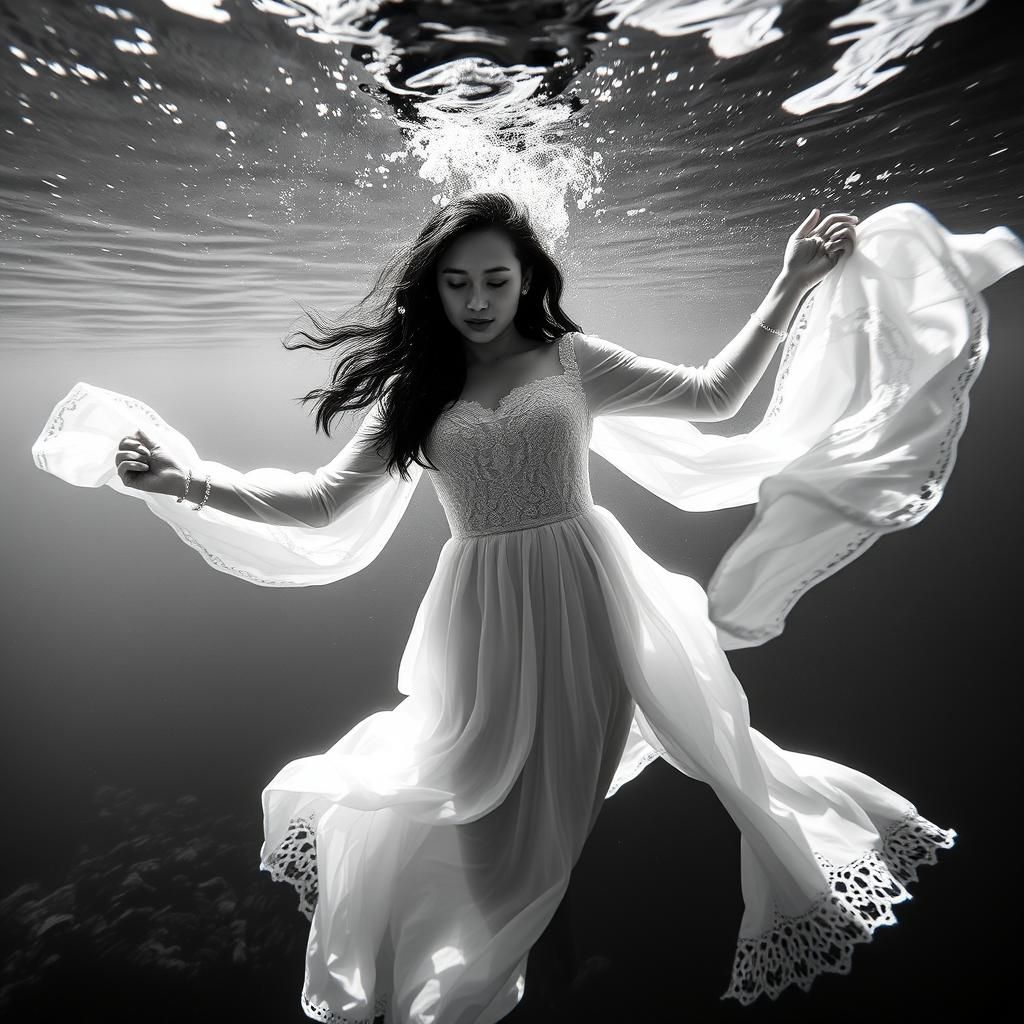 Ethereal Underwater Woman in Black and White