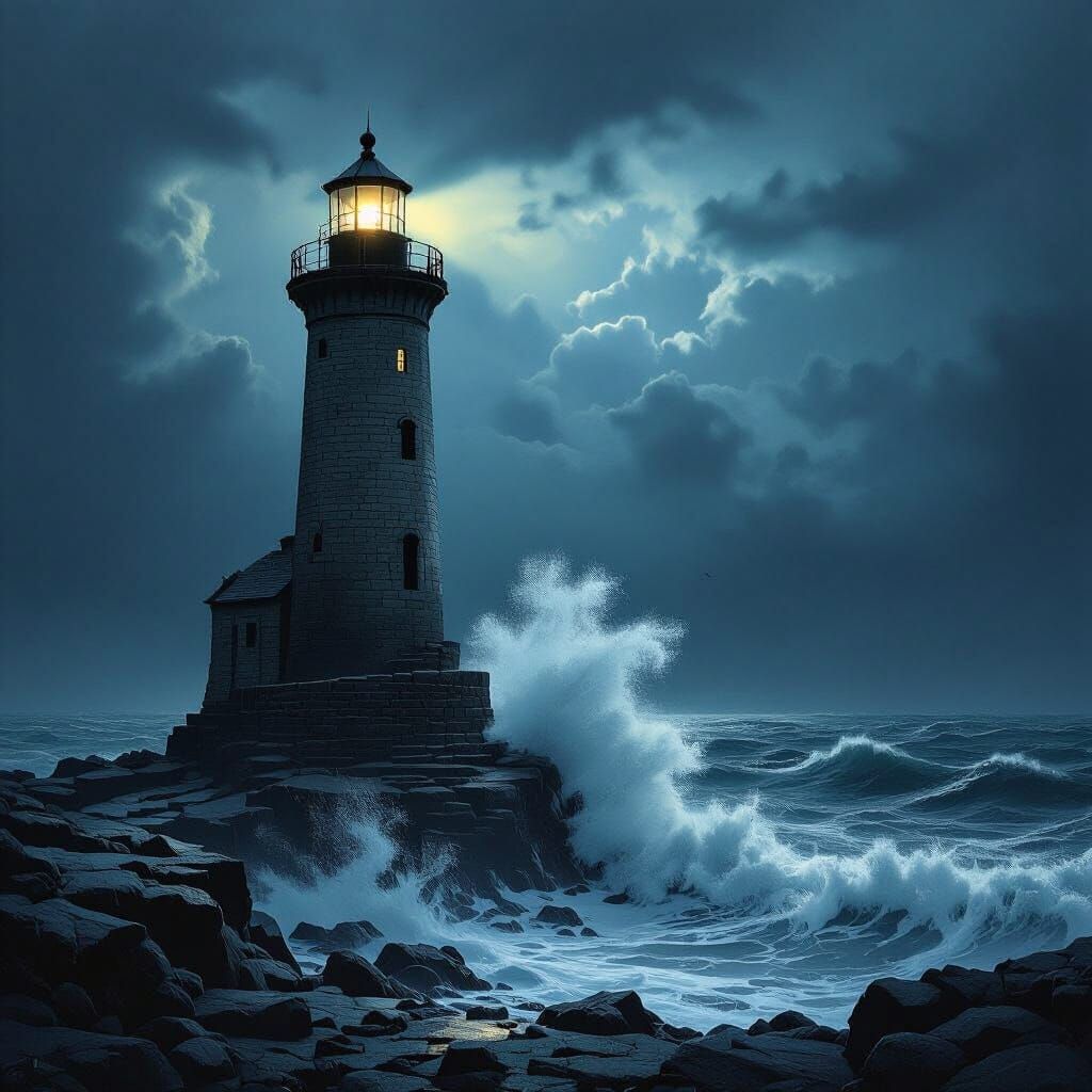 Ancient Lighthouse Against Stormy Sea