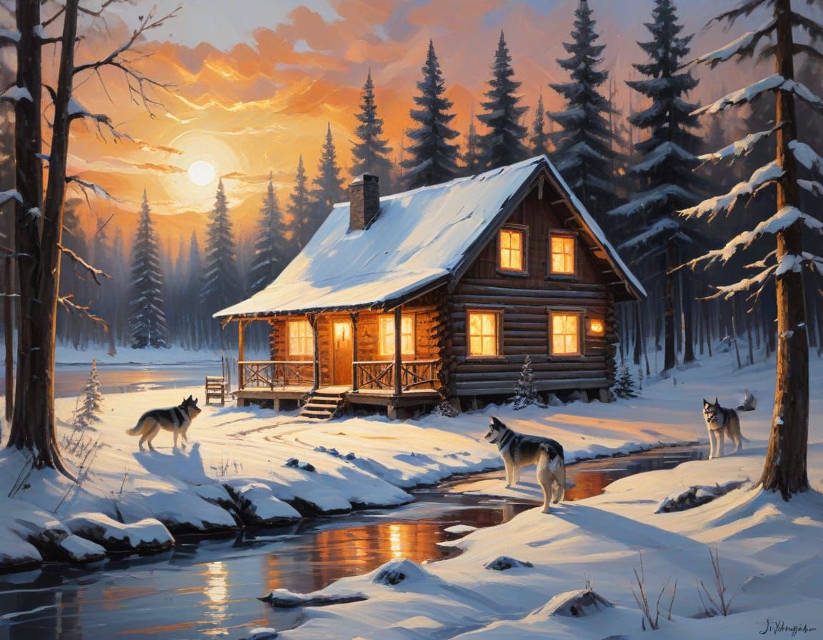 Cozy Winter Cabin in Northern Canada, Impasto Oil Painting
