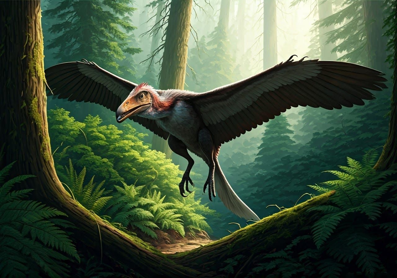 Majestic Archaeopteryx in Flight Over Primeval Forest