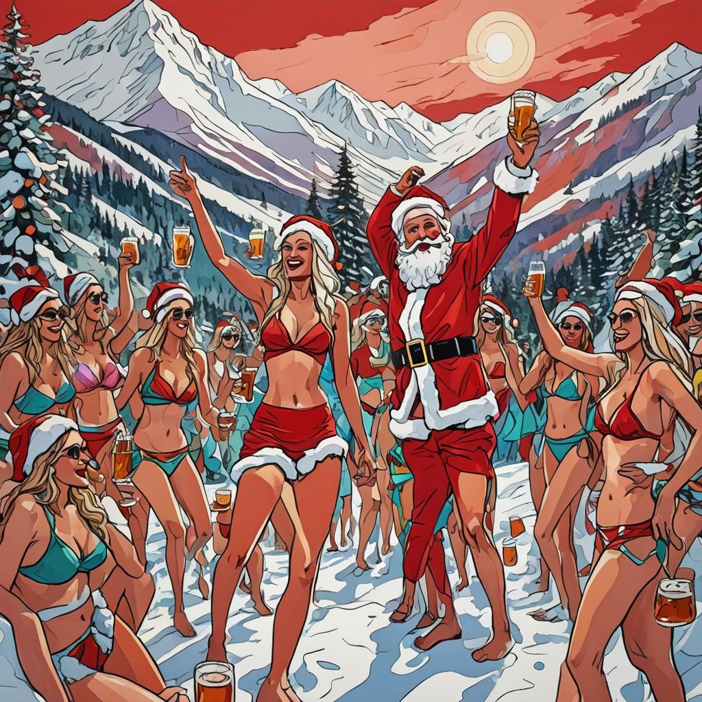 Santa Leads Après-Ski Party: Expressionist Fauvist Art