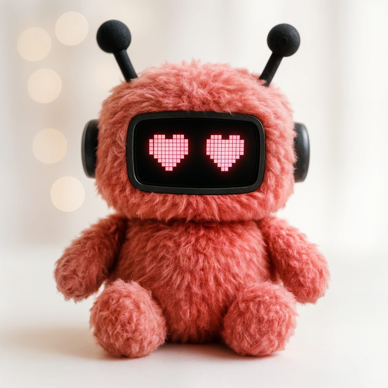 Adorable Electronic Plushie Robot with Pixel Heart Eyes