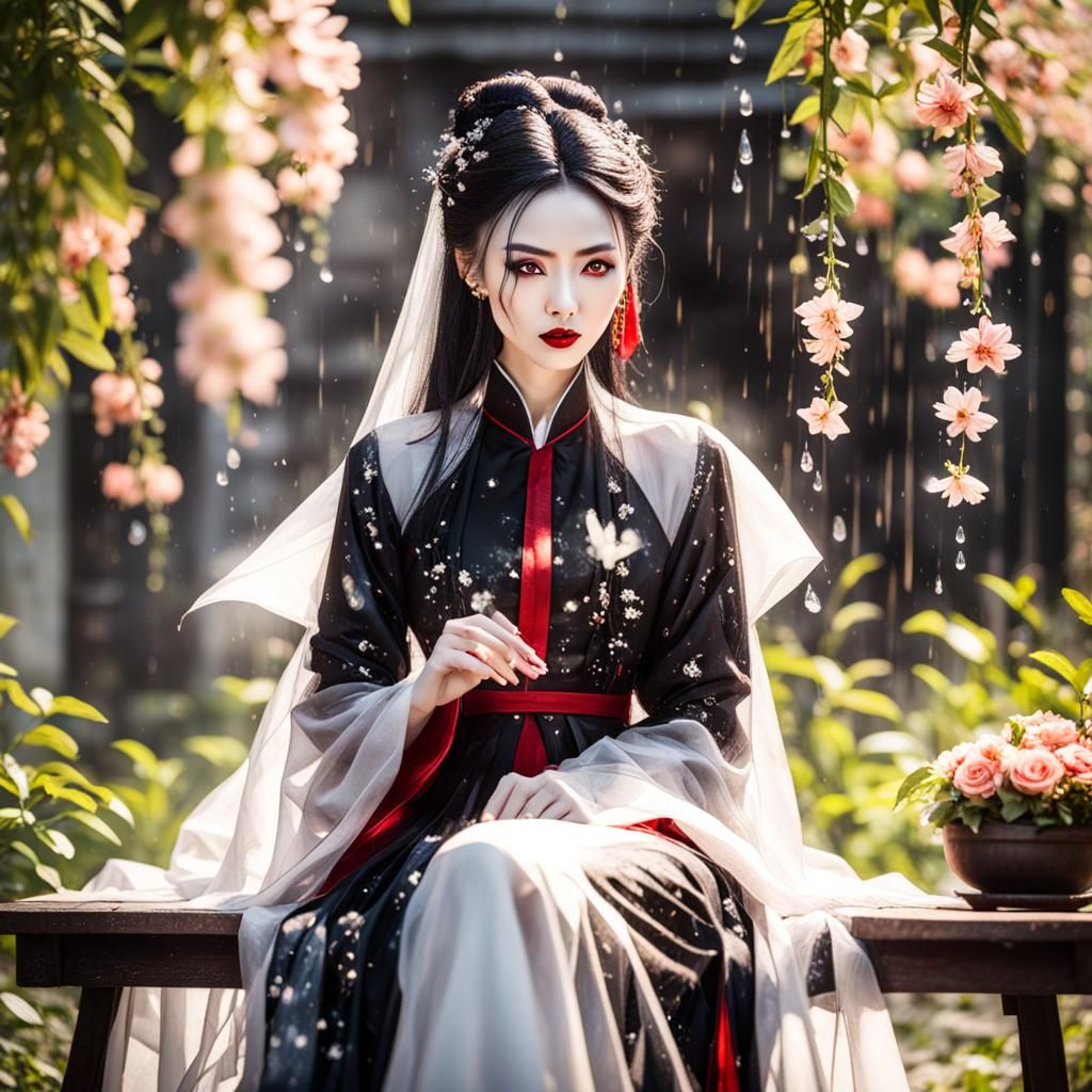 Dracula Woman Playing Guzheng with Blossoming Flowers