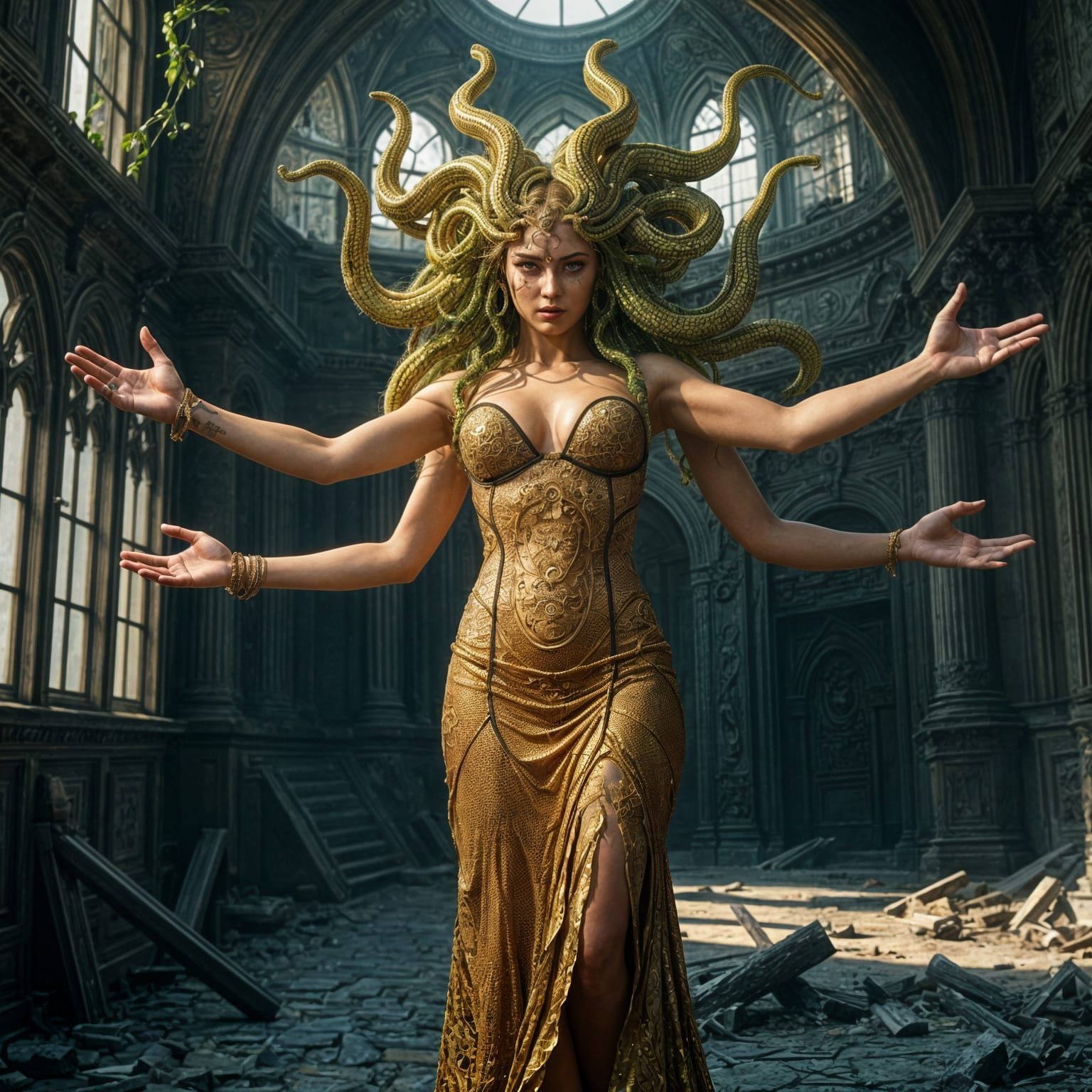 Fearsome Medusa Emerges in a Golden, Serpentine Glory