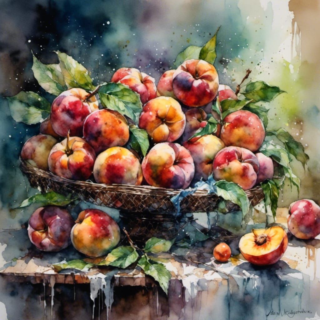 Ripe Peaches in Watercolor Style on Misty Table