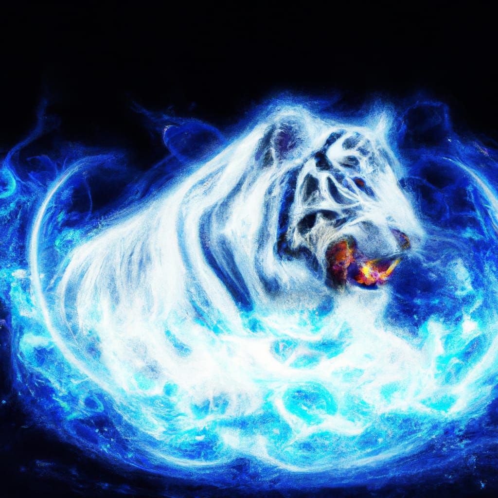 White Tiger Leaping Through Blue Fire