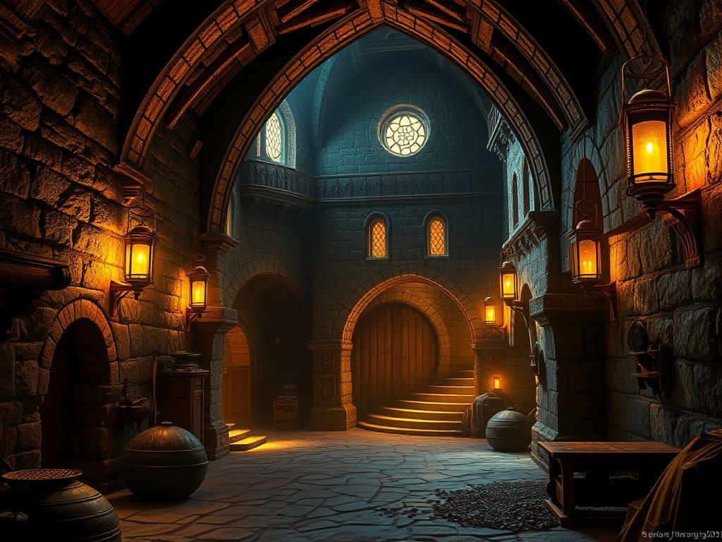 Gothic Medieval Lair Illuminated by Golden Lanterns