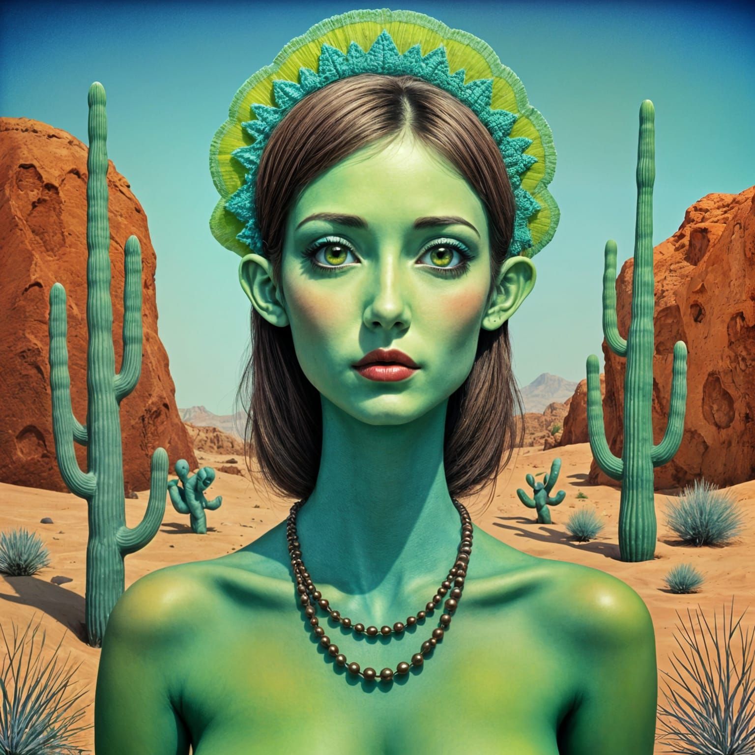 Martian Girl with Green Eyes in Desert Landscape