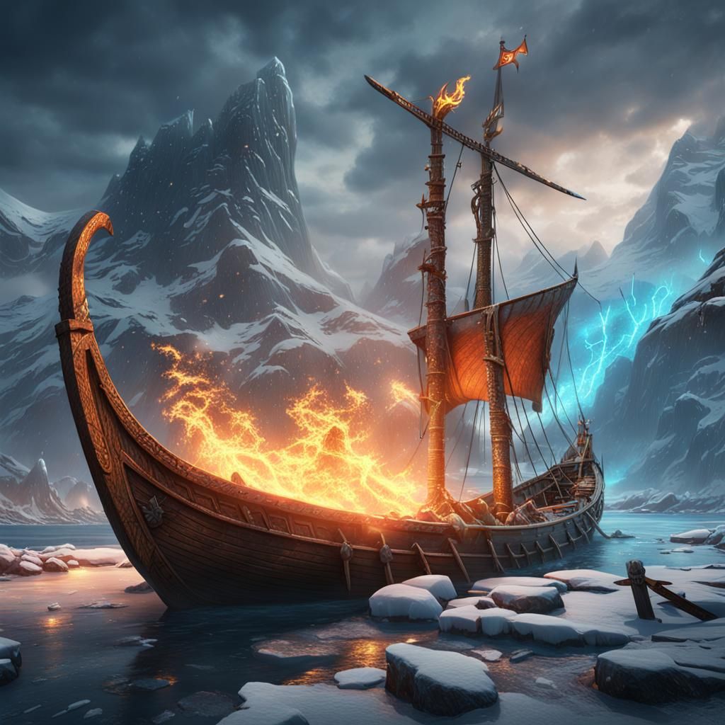 Viking Boat Amidst Ice and Fire