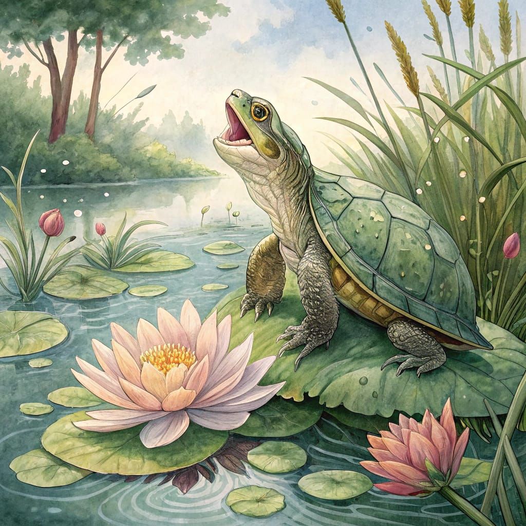 Singing Turtle in Watercolor with Intricate Details