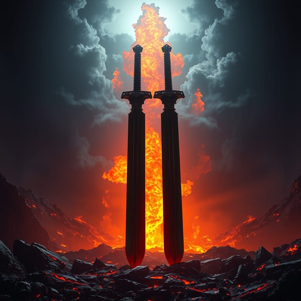 Magical Swords Clash in Apocalyptic Landscape