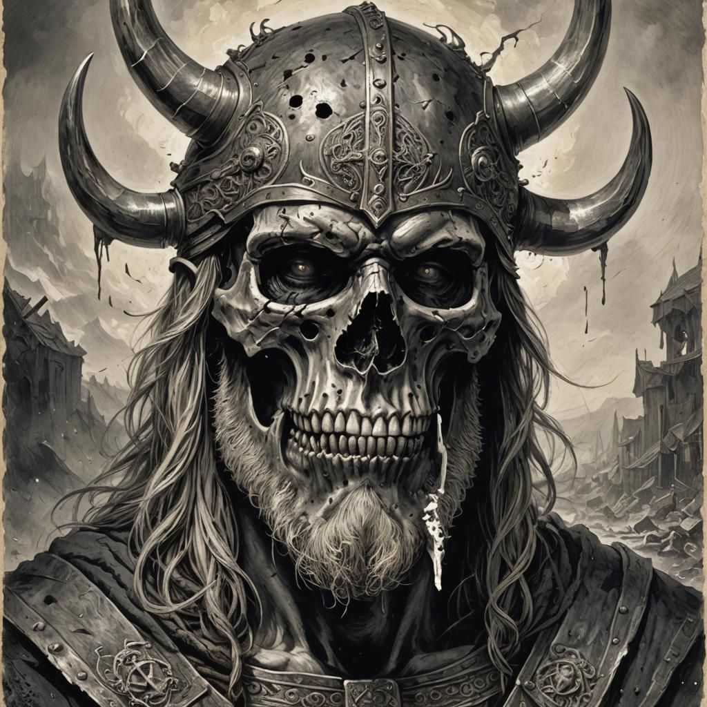 Portrait of a viking skull head wearing a broken mask at his...