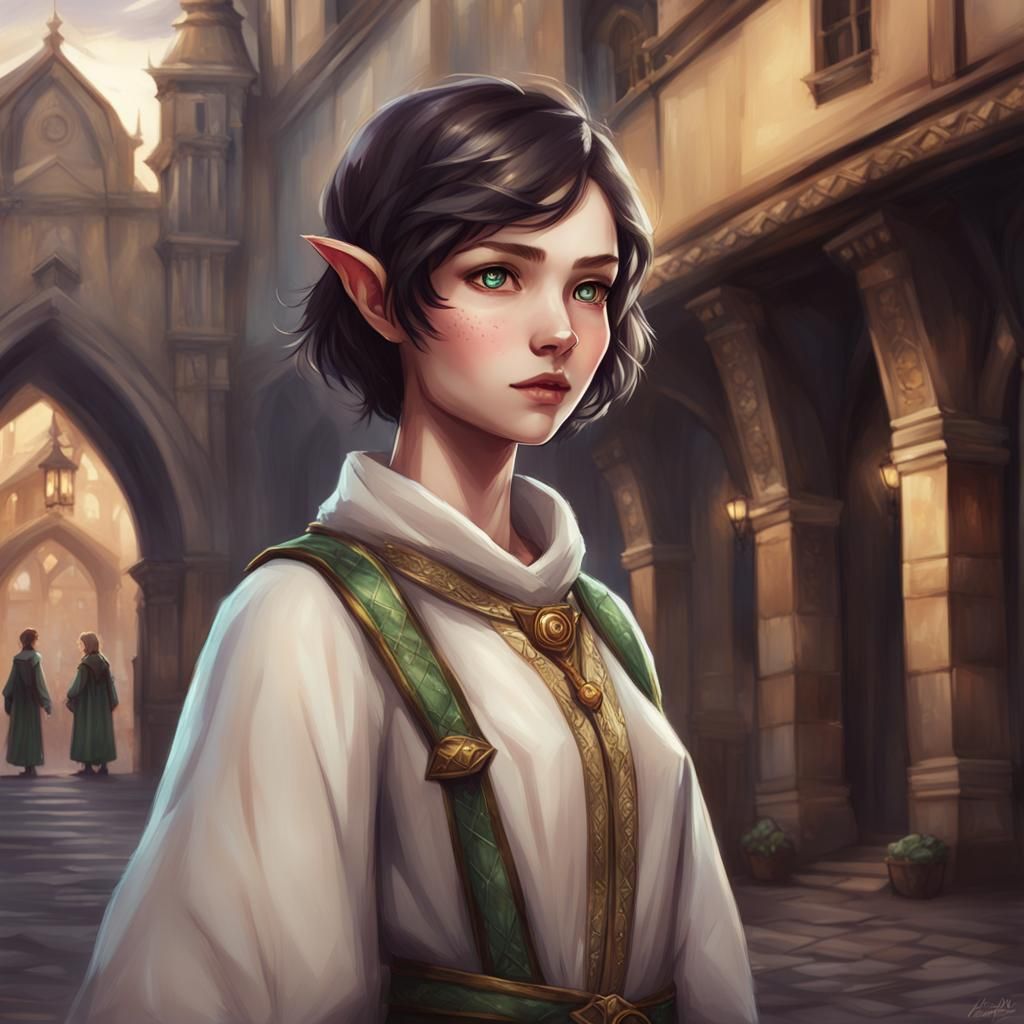 Trending On Artstation, Elf, Young teen, Female, Petite Build, Pale Skin, Teen, Dark short hair, Round Face, Wide Eyes, ...