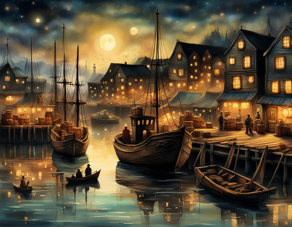 Dreamy Harbor Scene at Dusk in Romantic Style