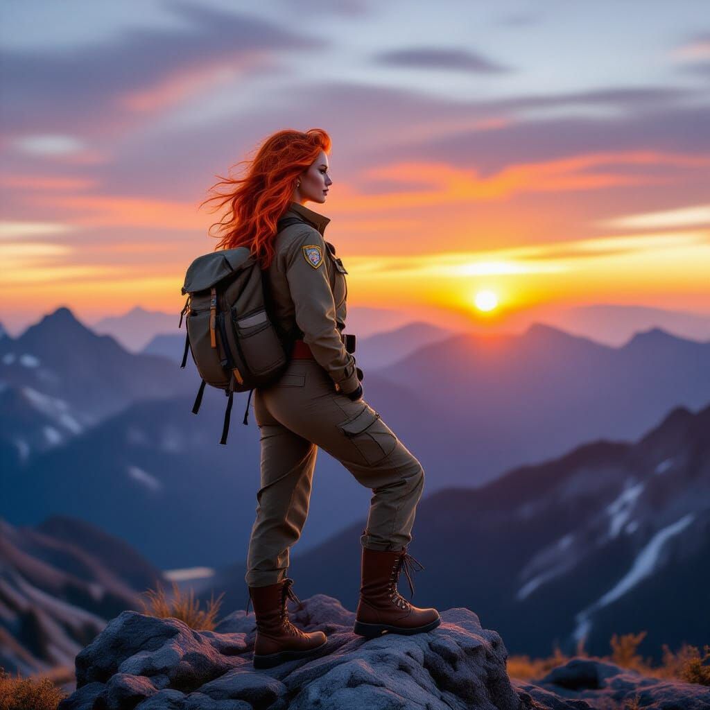 Female Park Ranger on Mountain Peak at Sunset