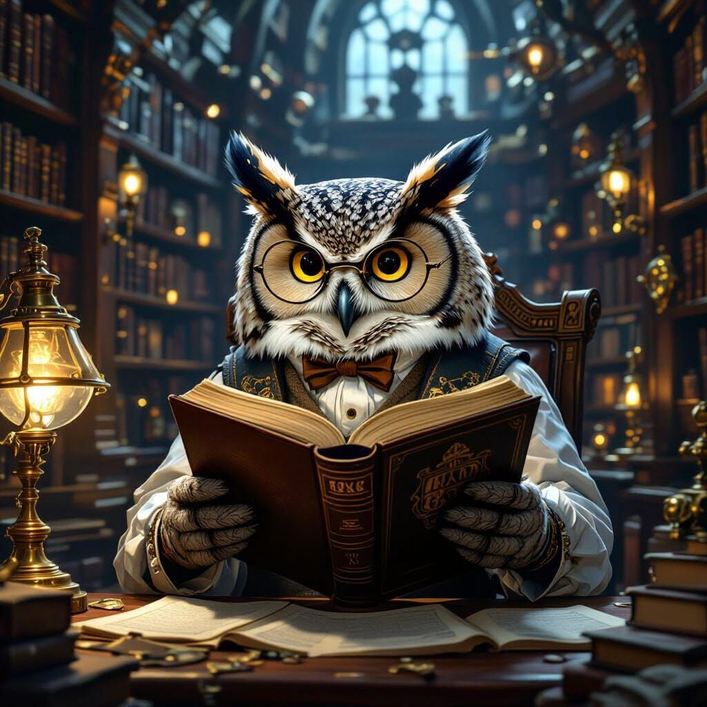 Wise Owl Reads Ancient Tome in Steampunk Library