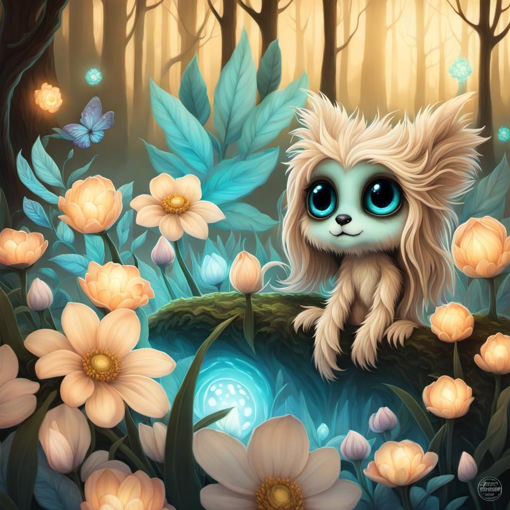 Adorable Furry Monster in Bioluminescent Forest, Fantasy Art