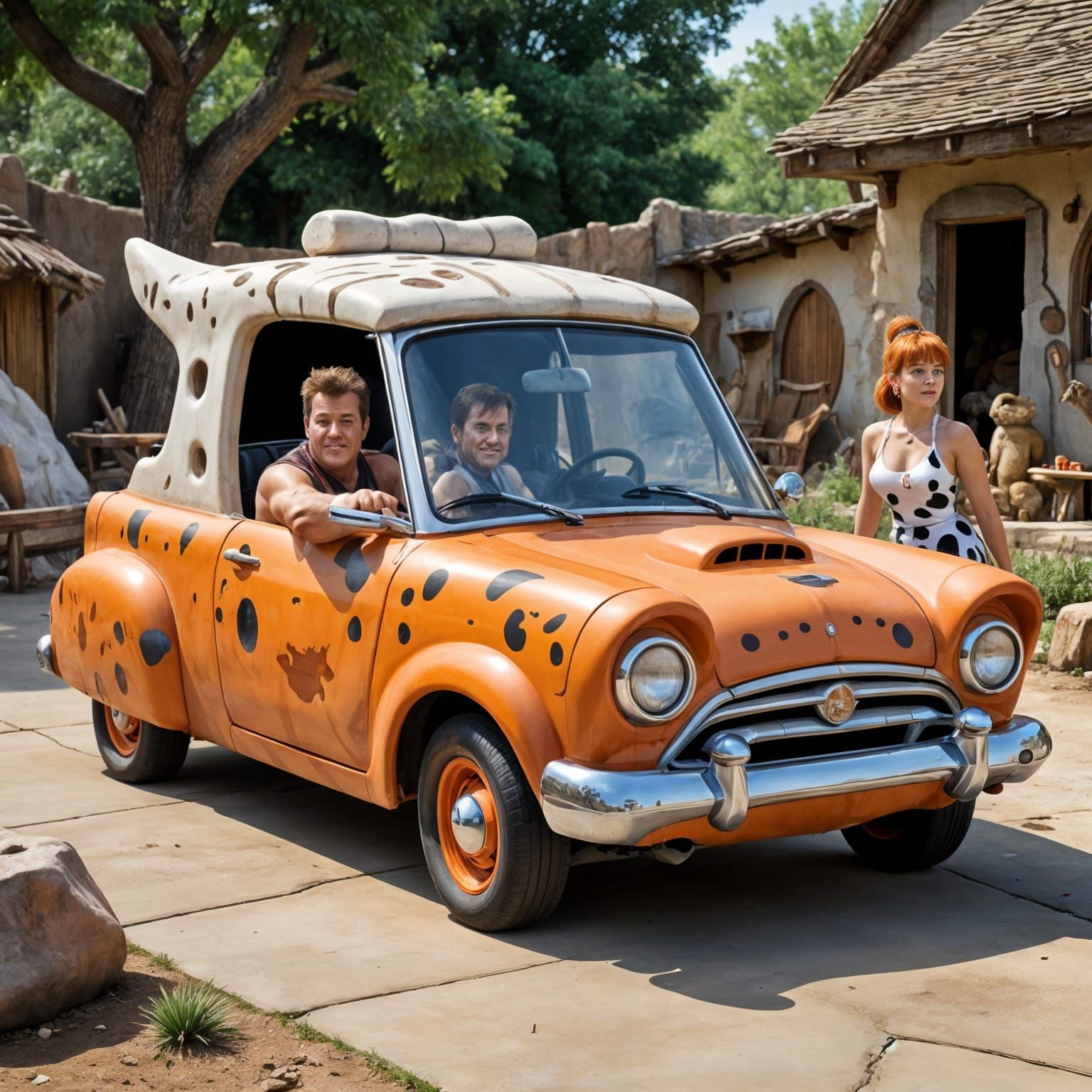 Hyperrealistic Flintstone Car with Fred and Wilma