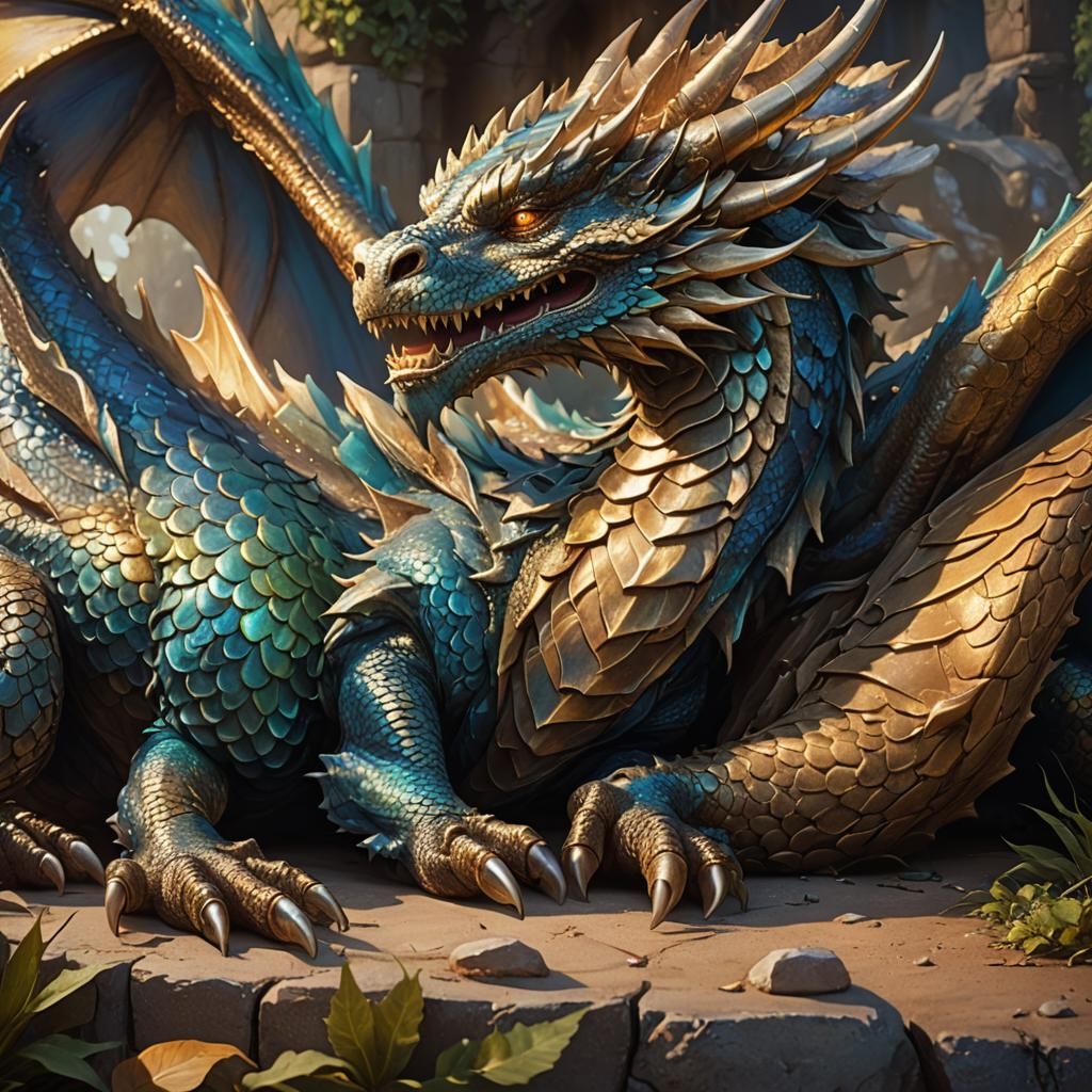 Sleeping Dragon with Iridescent Scales in Fantasy Lair
